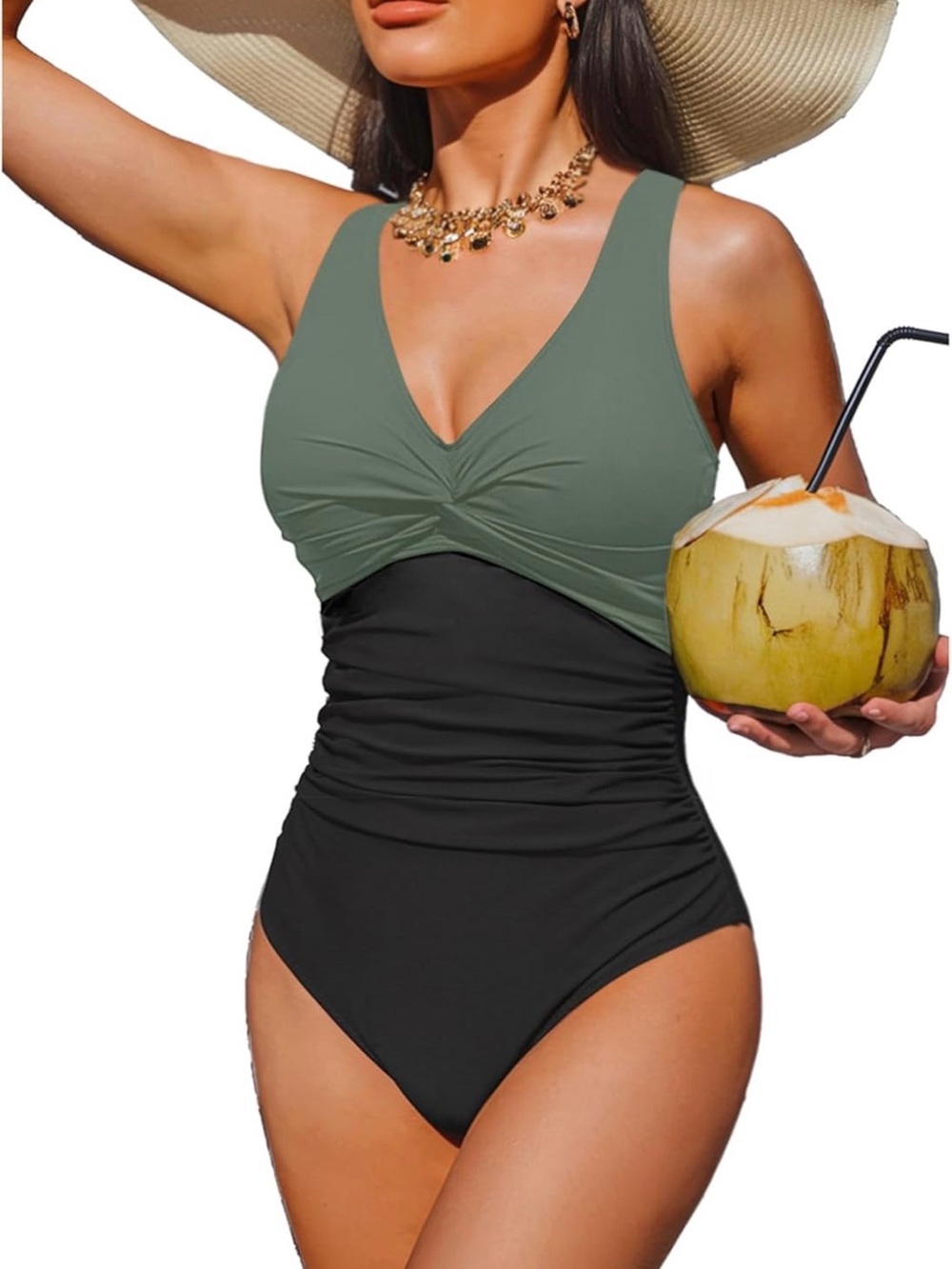 Olive & Black V-Neck One-Piece Swimsuit